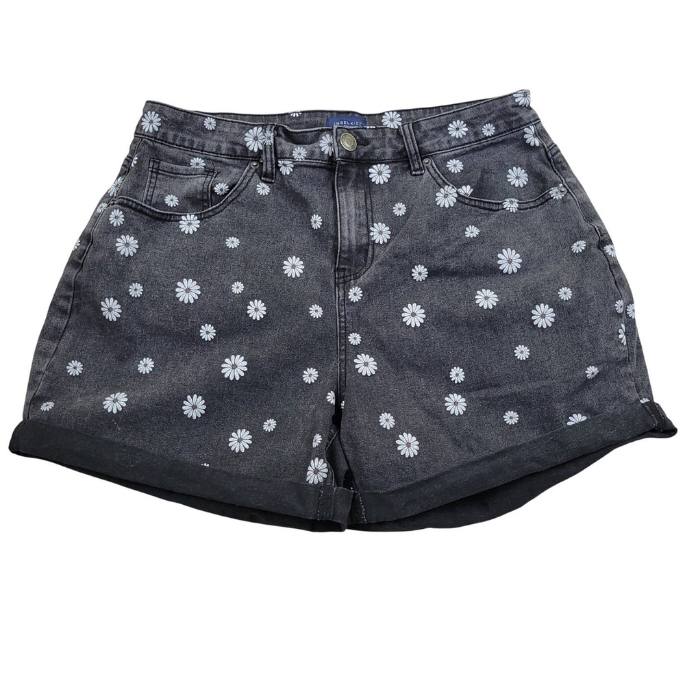 Black Daisy Floral Print Denim Shorts Angel Kiss Womens 14 Cuffed 4" Inseam